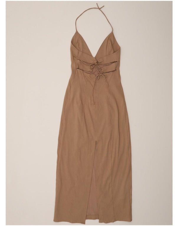 Vestido feminino Zara Halter UK 8 pequeno linho bege