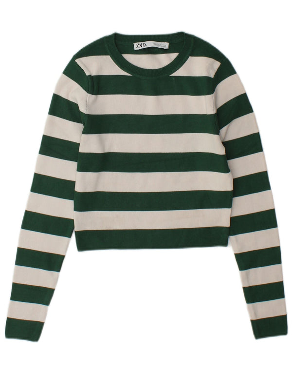 Zara Suéter feminino cropped com gola canoa UK 12 listrado verde médio