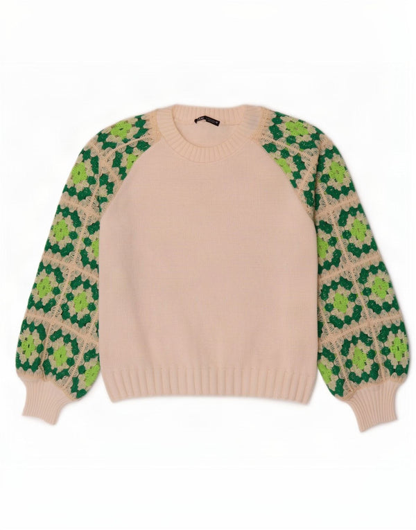 Suéter feminino Zara com gola canoa UK 10 pequeno branco geométrico