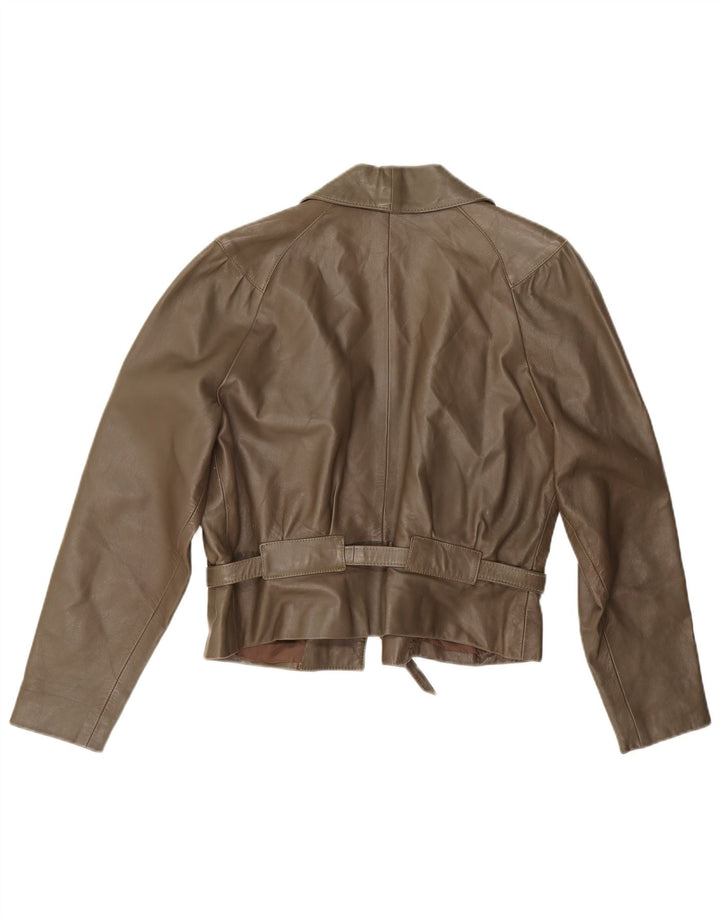 Jaqueta de couro feminina vintage UK 14 médio cáqui