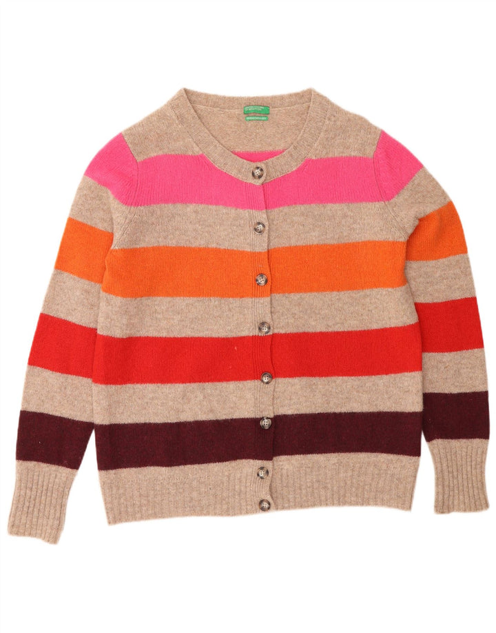 Suéter cardigã feminino Benetton Reino Unido 16 grande lã listrada cinza