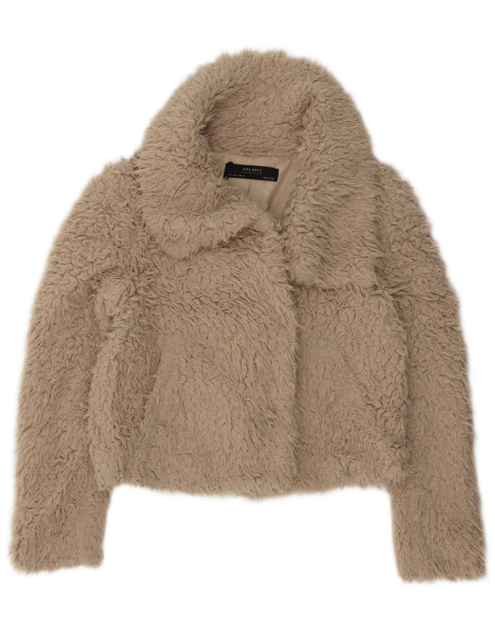 Zara Womens Crop Teddy Bear Jacket UK 10 Pequeno Poliéster Bege