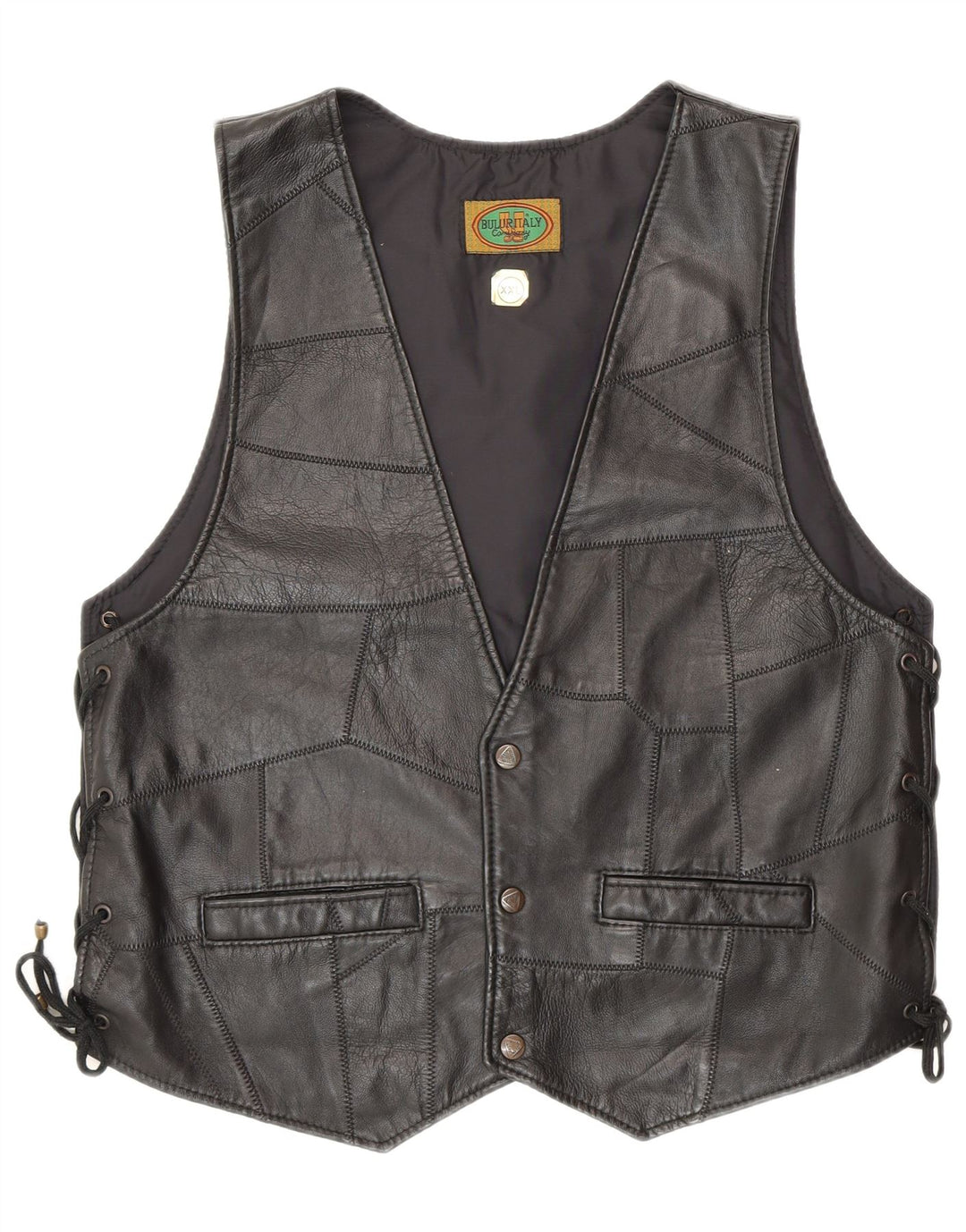 Colete de couro feminino vintage 2XL preto patchwork motociclista