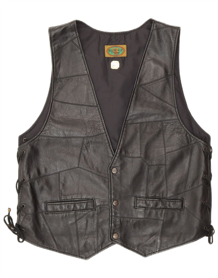 Colete de couro feminino vintage 2XL preto patchwork motociclista