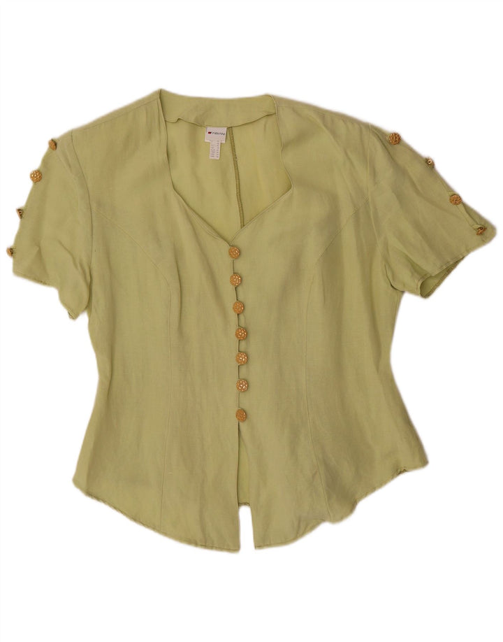 Blusa feminina VINTAGE manga curta Reino Unido 16 grande linho verde