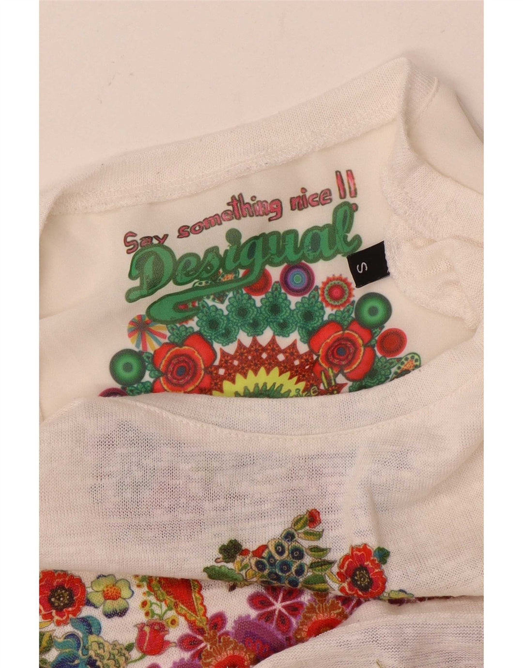 Desigual Top túnica feminina gráfica Reino Unido 10 pequeno floral branco