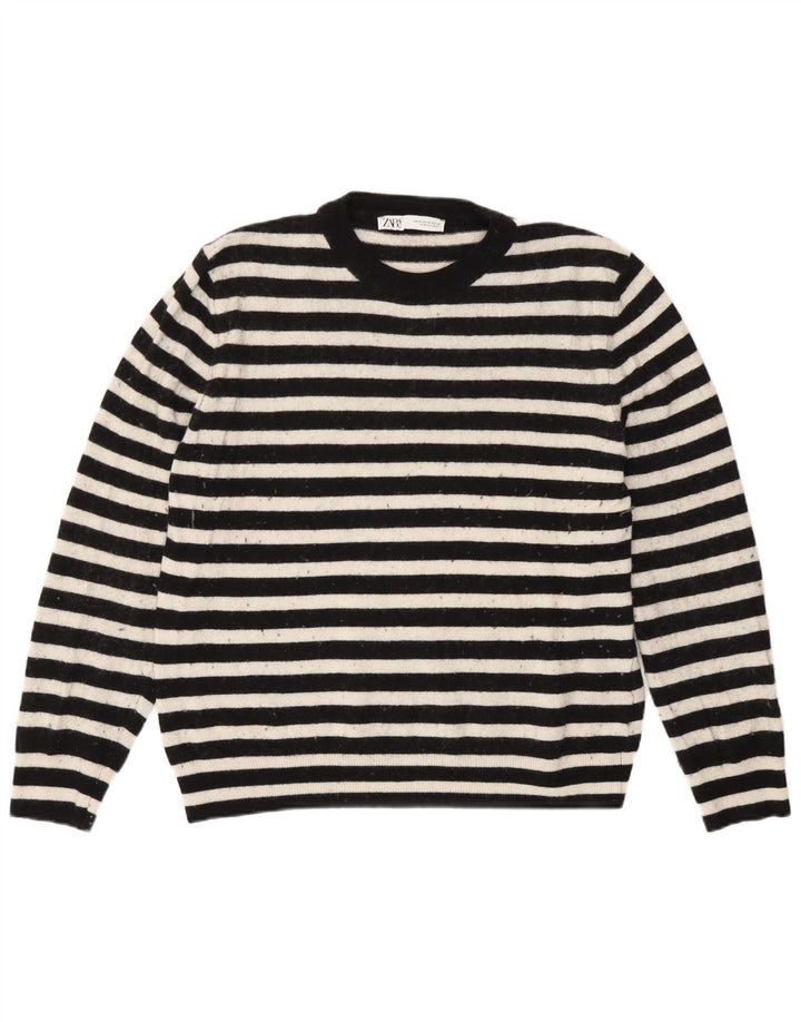 Zara Suéter feminino com gola redonda e gola redonda, poliamida listrada preta média UK 14