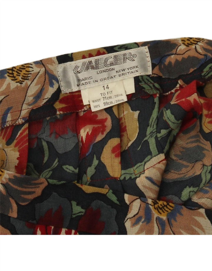Saia larga feminina Jaeger Reino Unido 14 médio W28 lã floral multicolorida