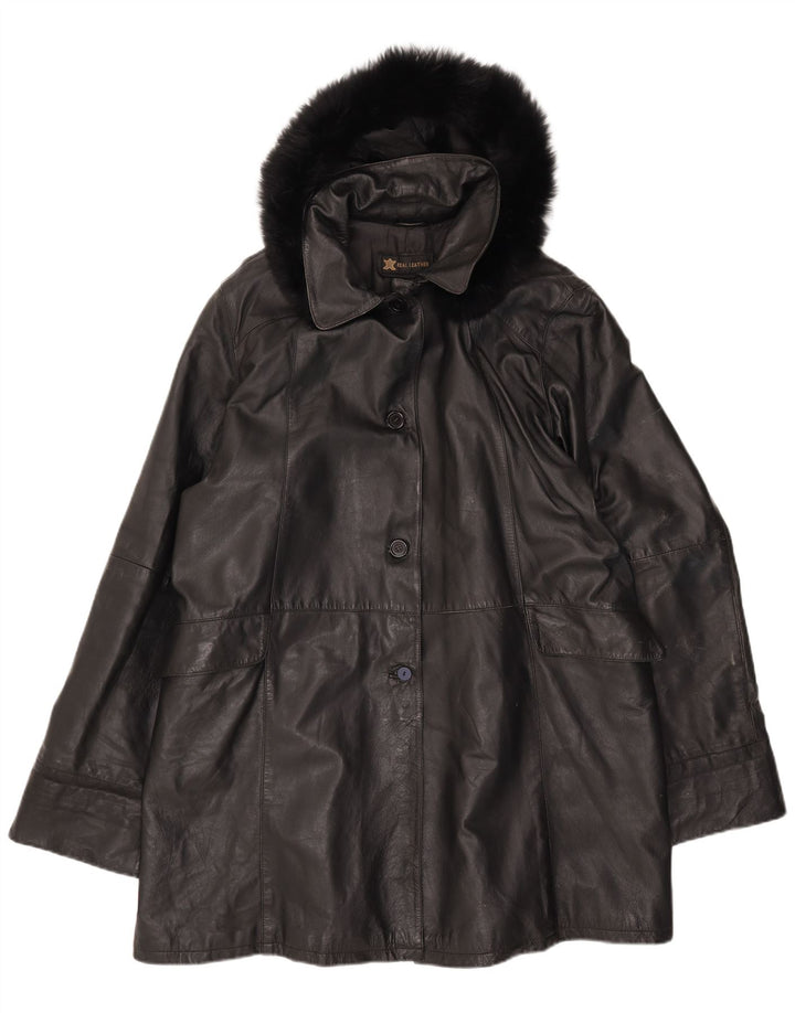 Casaco de couro com capuz feminino vintage IT 54 3XL couro preto