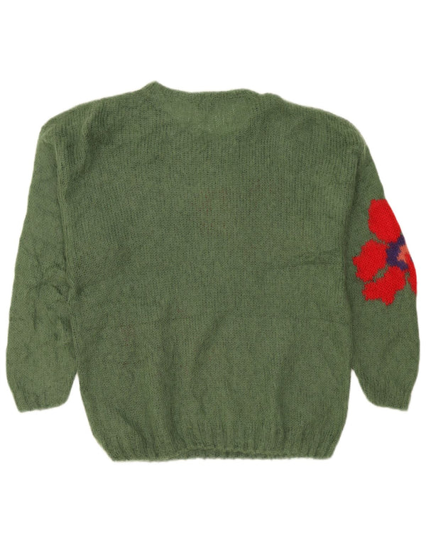 Suéter feminino vintage com gola canoa e gola redonda UK 20 2XL verde floral