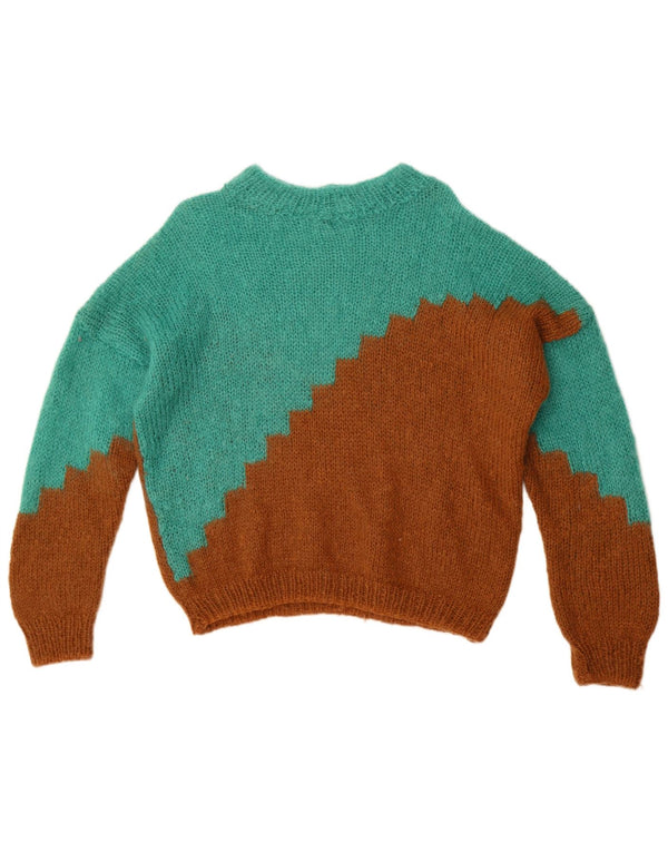 Suéter feminino vintage com gola canoa Reino Unido 14 grande bloco colorido verde