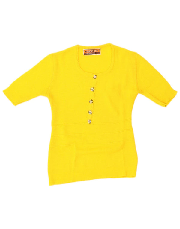 Suéter feminino vintage com gola canoa UK 12 floral amarelo médio