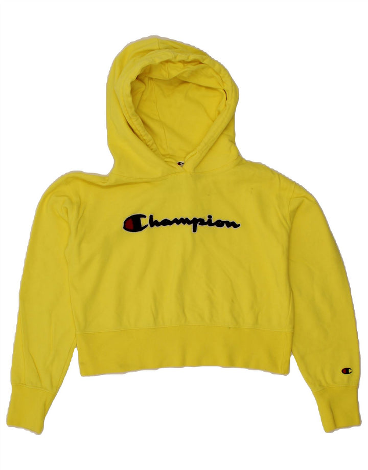 CHAMPION Womens Oversized Crop Graphic Hoodie Jumper UK 6 XS Yellow Vintage Champion and Second-Hand Champion from Messina Hembry 