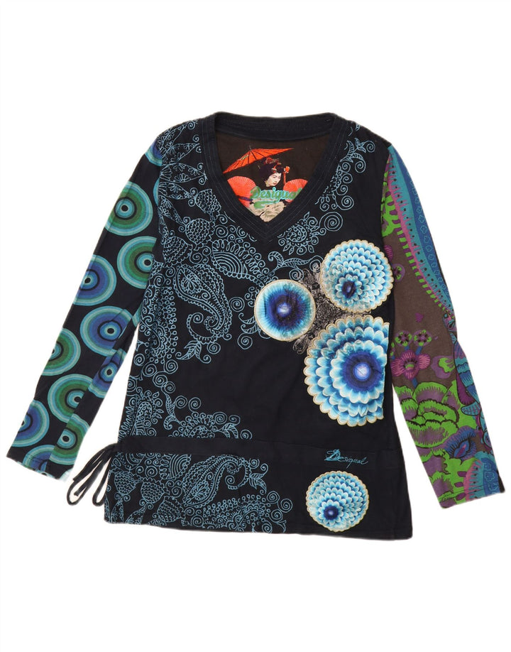 Top gráfico feminino Desigual manga comprida UK 18 XL azul marinho patchwork