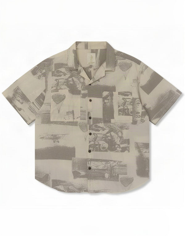 Camisa masculina de manga curta com padrão abstrato vintage grande cinza