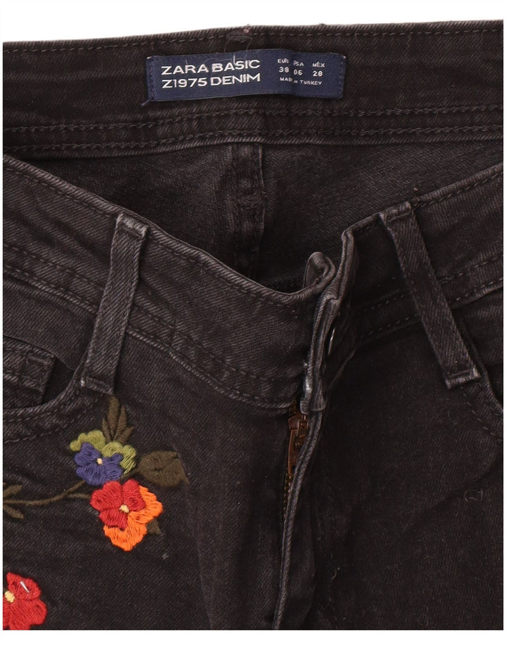 Zara Shorts jeans feminino gráfico UE 38 pequeno W28 preto floral boêmio