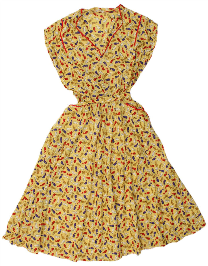 Vestido maxi feminino vintage com padrão abstrato IT 46 grande amarelo