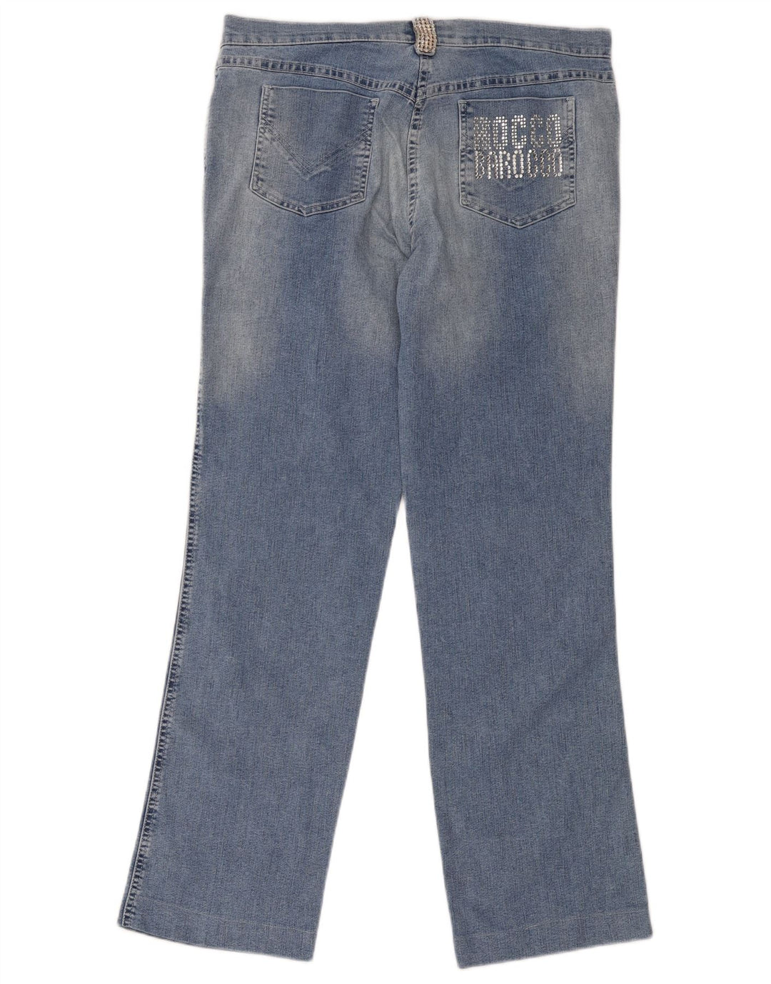 Roccobarocco feminino gráfico reto jeans W34 L31 algodão azul