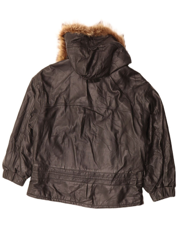 Jaqueta de couro superdimensionada com capuz feminino vintage IT 48 XL couro preto