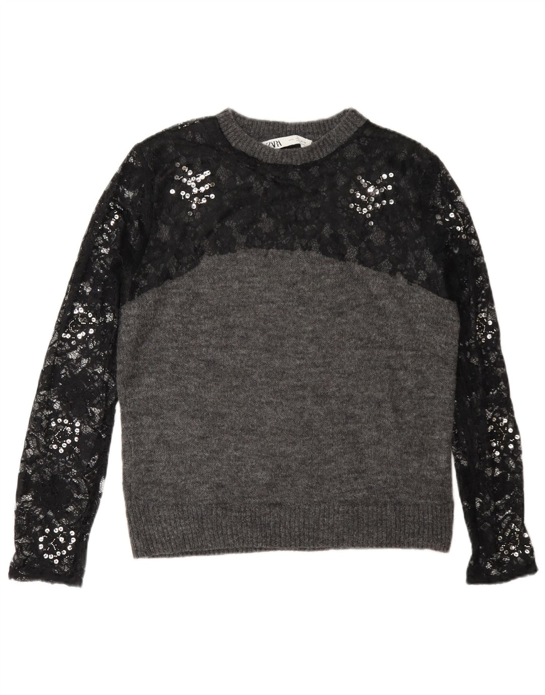 Zara Suéter feminino com gola redonda e gola redonda, bloco colorido cinza pequeno, Reino Unido 10