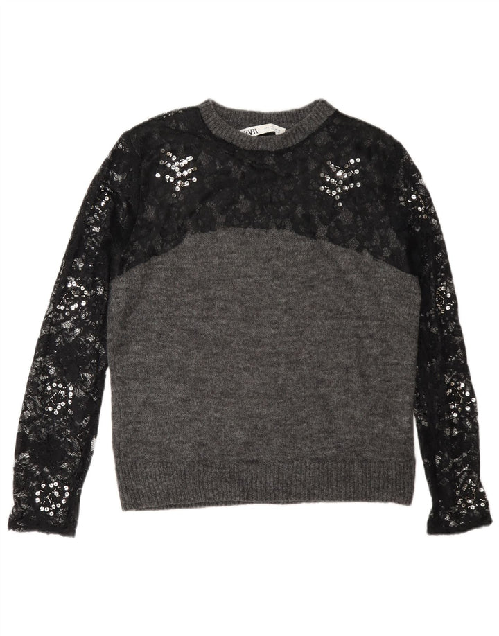 Zara Suéter feminino com gola redonda e gola redonda, bloco colorido cinza pequeno, Reino Unido 10