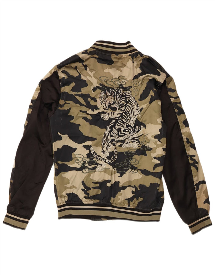Zara Mens Graphic Bomber Jacket UK 38 Médio Cáqui Camuflagem Poliéster