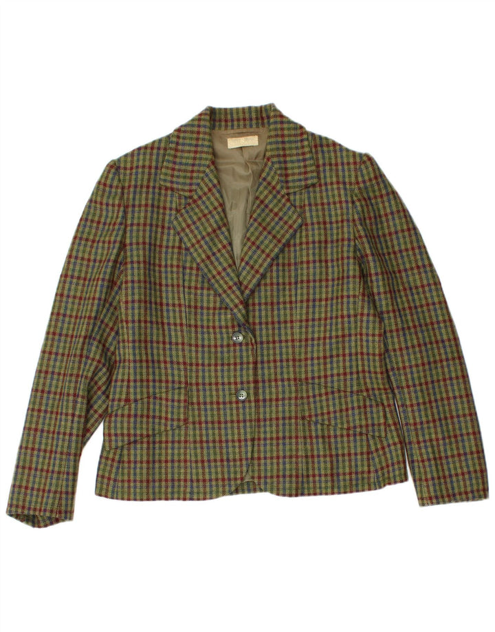 Conjunto de saia feminina vintage com 2 botões e 2 peças Reino Unido 12 médio W26 cáqui xadrez