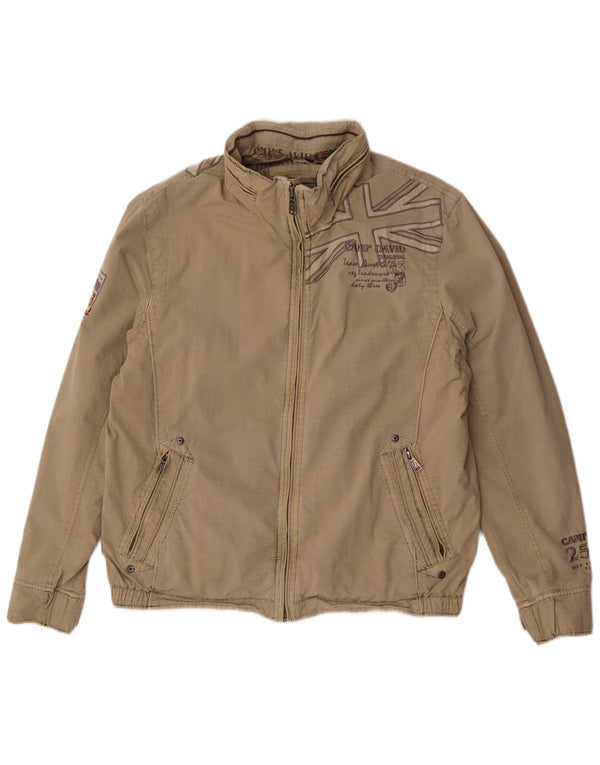 Jaqueta bomber masculina com capuz gráfico Camp David Reino Unido 42 XL algodão listrado bege