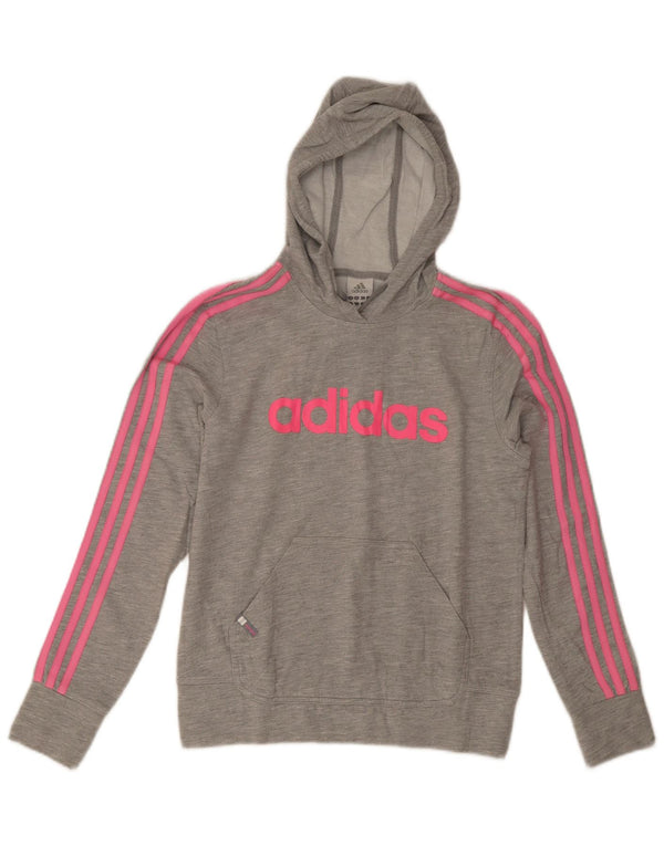 Jumper com capuz gráfico feminino Adidas UK 14 algodão manchado cinza médio