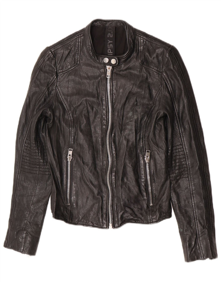 Jaqueta feminina de couro Gipsy Racer UK 10 pequena couro preto