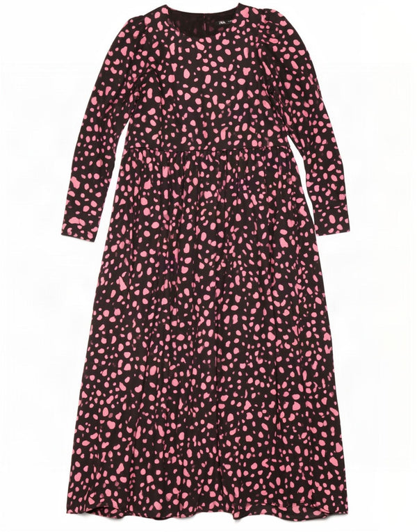 Vestido maxi feminino de manga comprida Zara UK 12 poliéster manchado preto médio