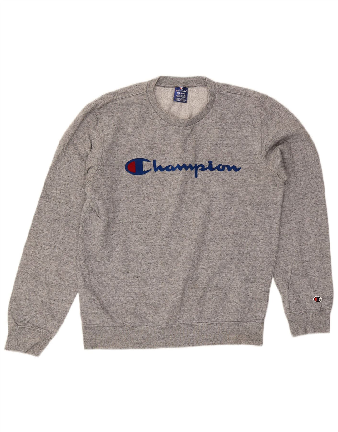 Champion moletom gráfico masculino jumper médio cinza algodão manchado