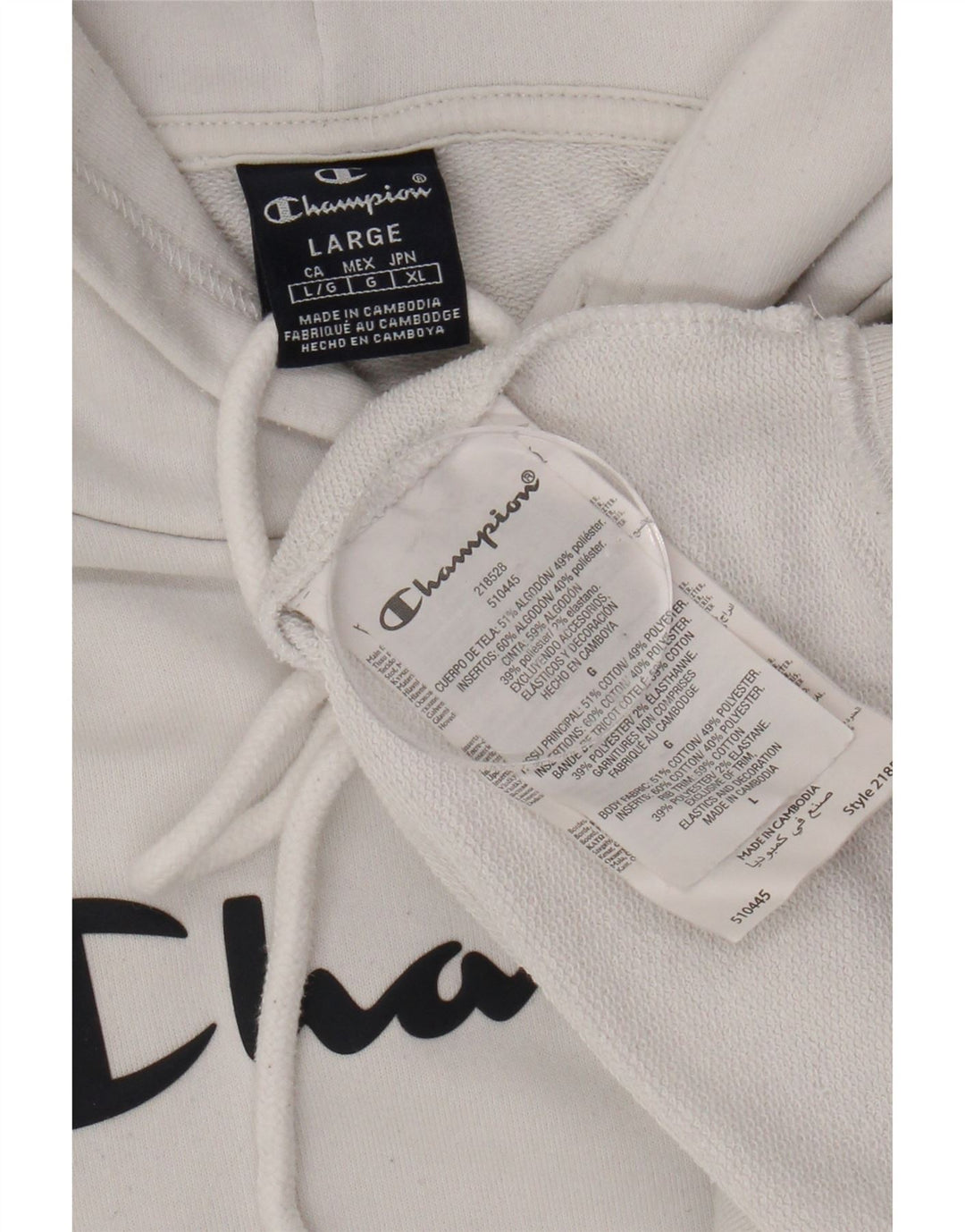 CHAMPION Mens Graphic Hoodie Jumper Large White Cotton Vintage Champion and Second-Hand Champion from Messina Hembry 