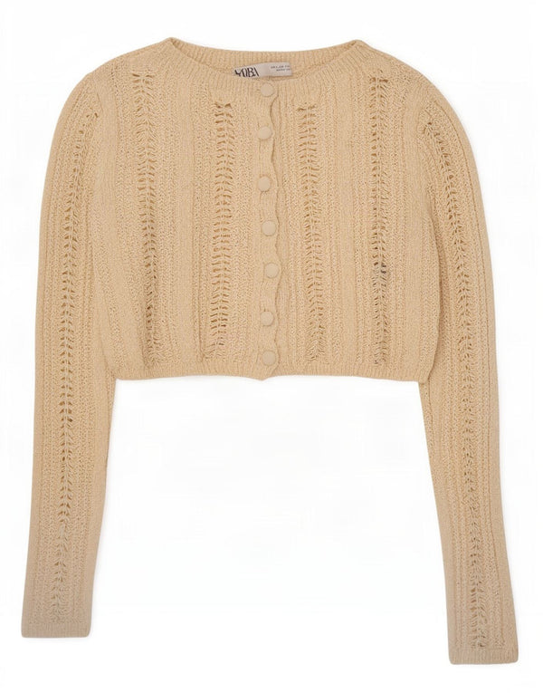 Suéter cardigã feminino Zara UK 10 pequeno algodão bege