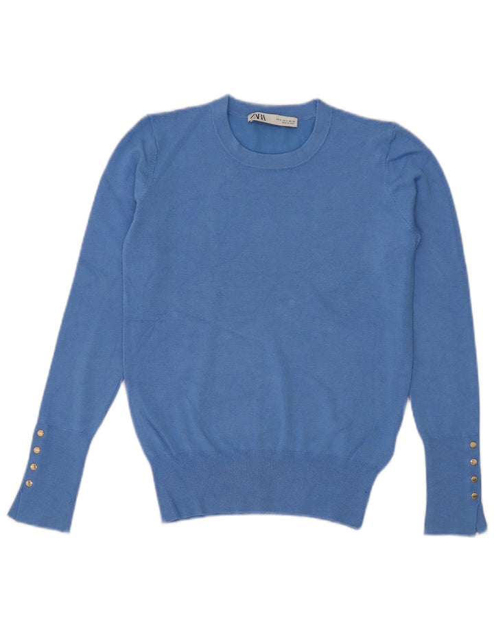 Suéter feminino Zara com gola redonda e viscose azul pequena Reino Unido 10