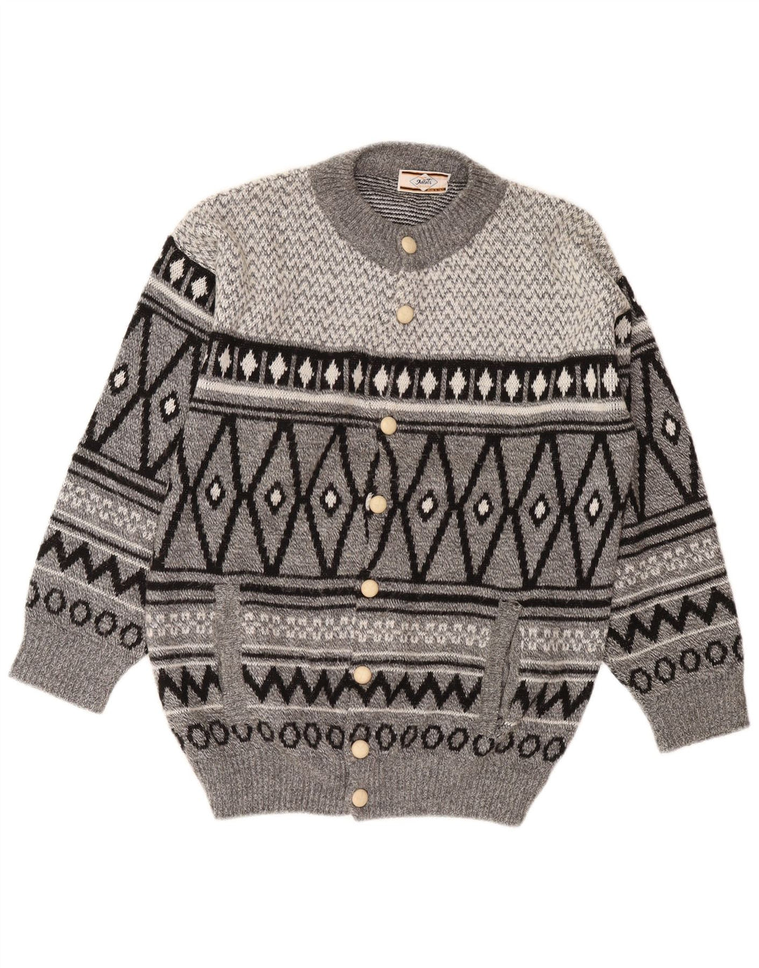 Suéter cardigã masculino vintage grande cinza Argyle/Diamante