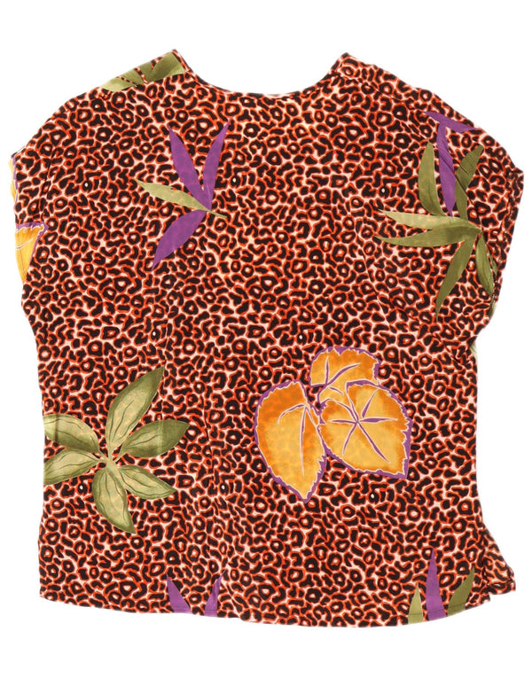 Blusa feminina Pura Seta grande tamanho UK 10 pequena seda floral marrom