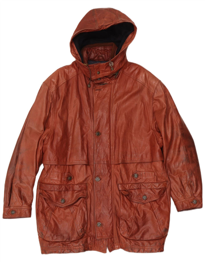 Casaco masculino de couro com capuz Giamax UK 40 grande marrom