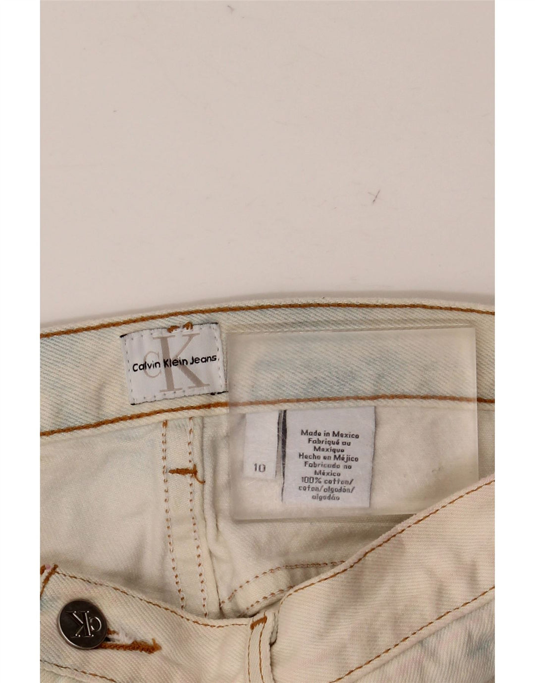 Shorts jeans feminino CALVIN KLEIN US 10 grande W32 azul tie dye algodão