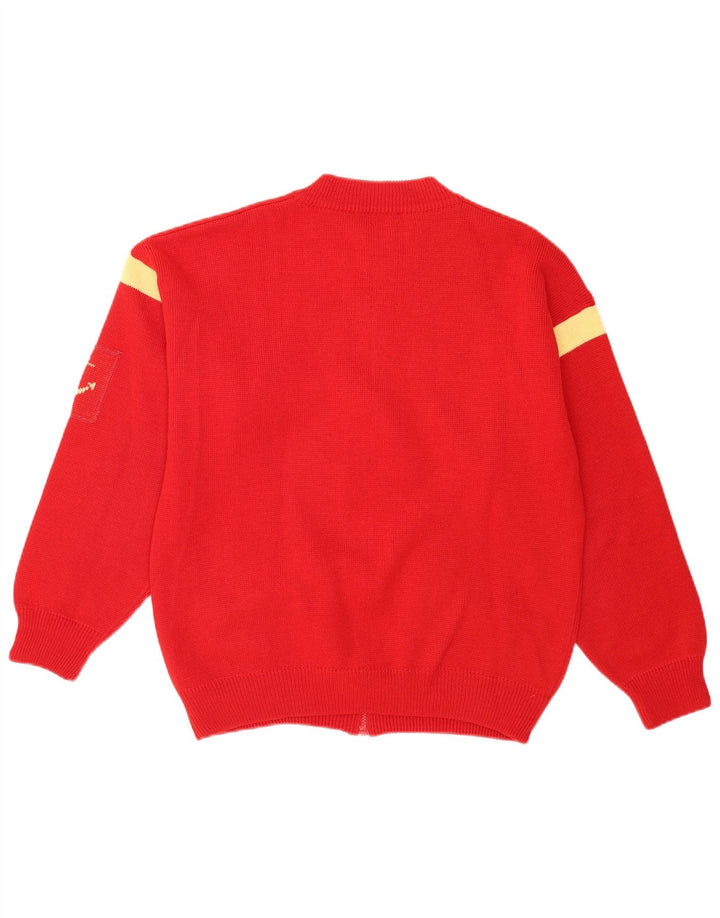 Suéter vintage masculino com zíper completo, cardigã vermelho médio em bloco colorido acrílico