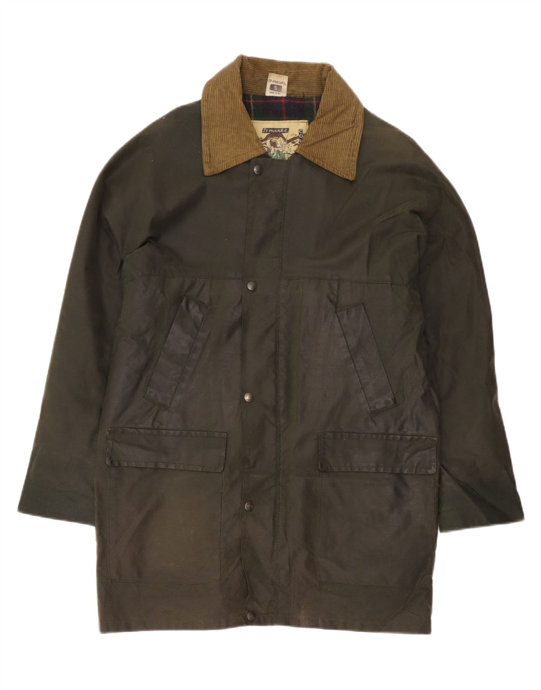 Sobretudo masculino vintage de algodão encerado UK 36 pequeno cáqui