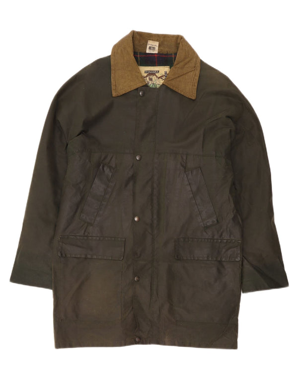 Sobretudo masculino vintage de algodão encerado UK 36 pequeno cáqui