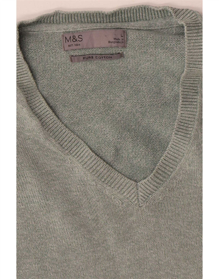 Suéter masculino Marks & Spencer com decote em V grande algodão verde