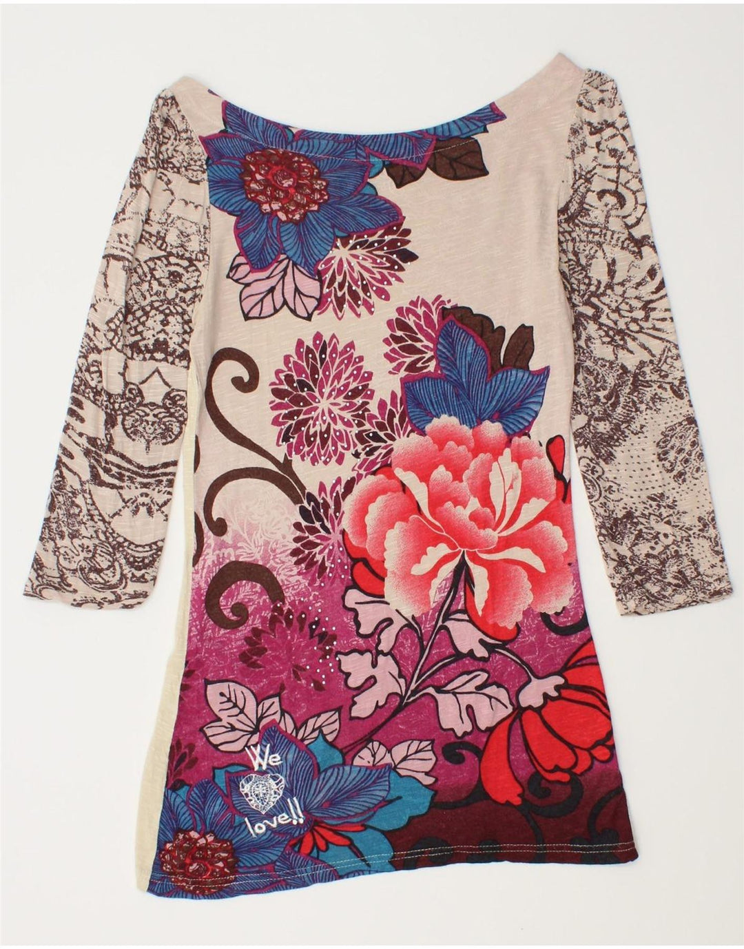 DESIGUAL Top gráfico feminino manga 3/4 UK 8 pequeno floral multicolorido