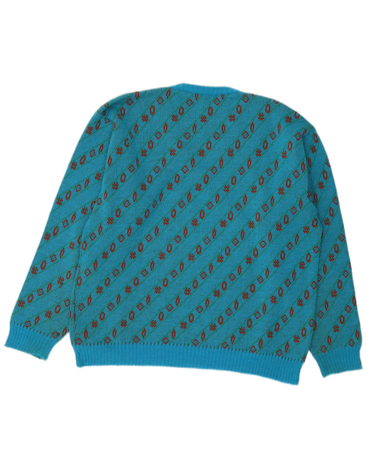 Suéter masculino vintage com decote em V grande lã geométrica azul