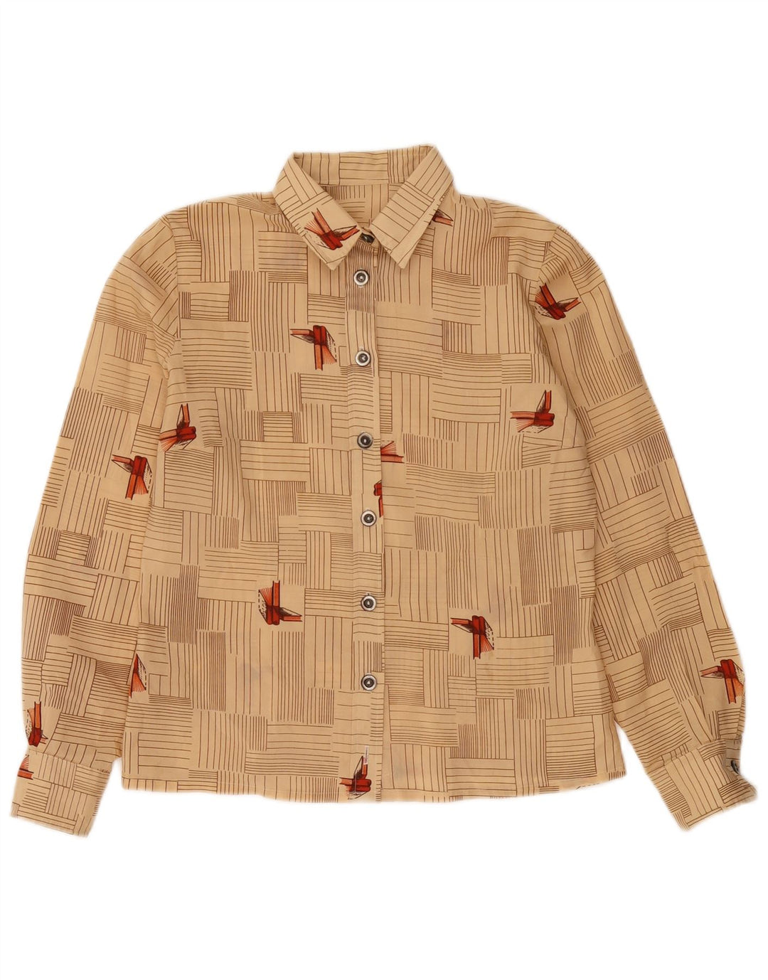 Camisa Vintage Feminina UK 12 Média Bege Geométrica