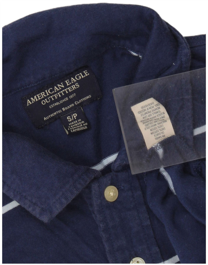 Camisa polo masculina American Eagle pequena listrada azul marinho de algodão