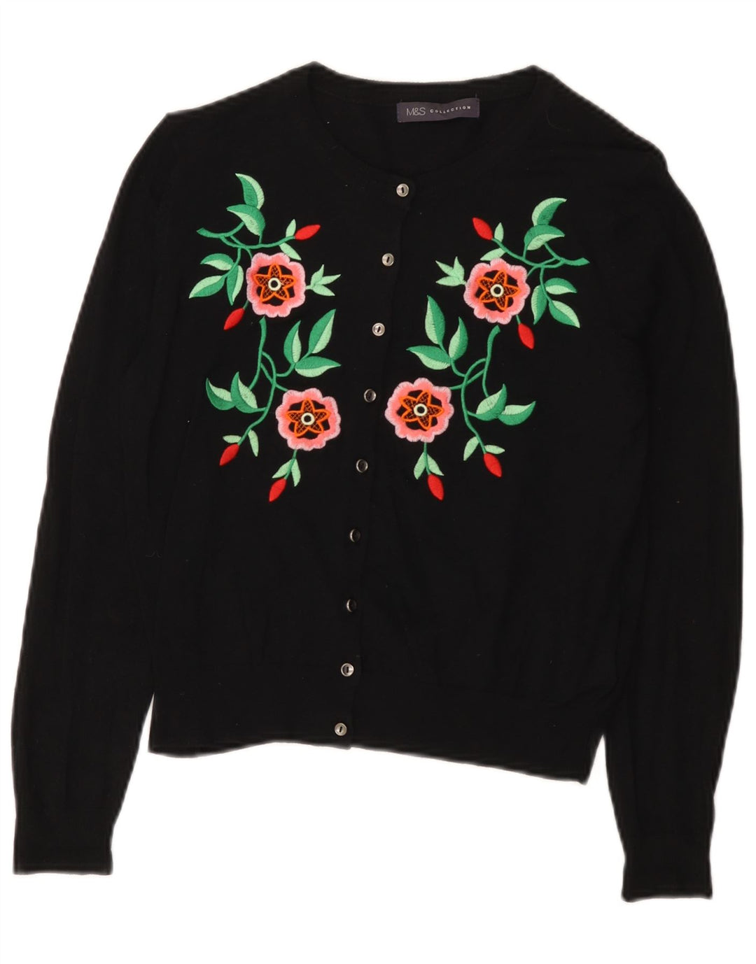 Suéter cardigã feminino Marks & Spencer Reino Unido 12 médio preto floral