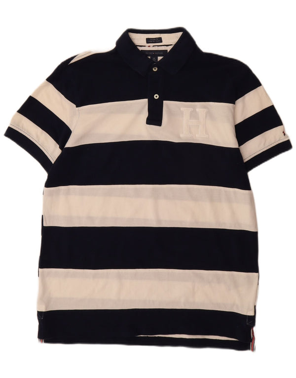 Camisa polo masculina Tommy Hilfiger Custom Fit grande algodão listrado azul marinho