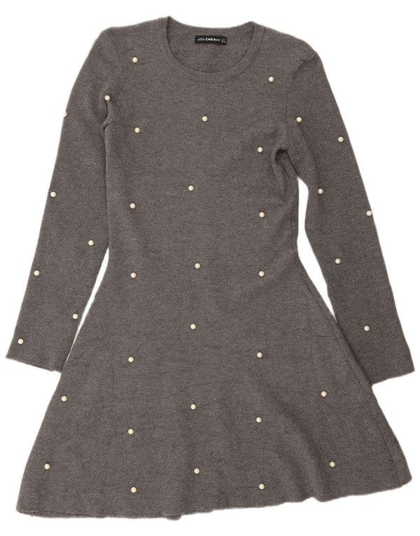 Zara Vestido feminino de manga comprida UK 12 viscose manchada cinza médio